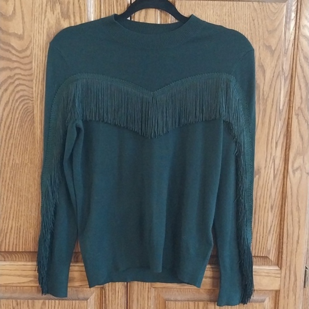 Ted Baker London NWT Aniebal Fringe Sweater Women's‎ Size 2 Dk Green Lightweight